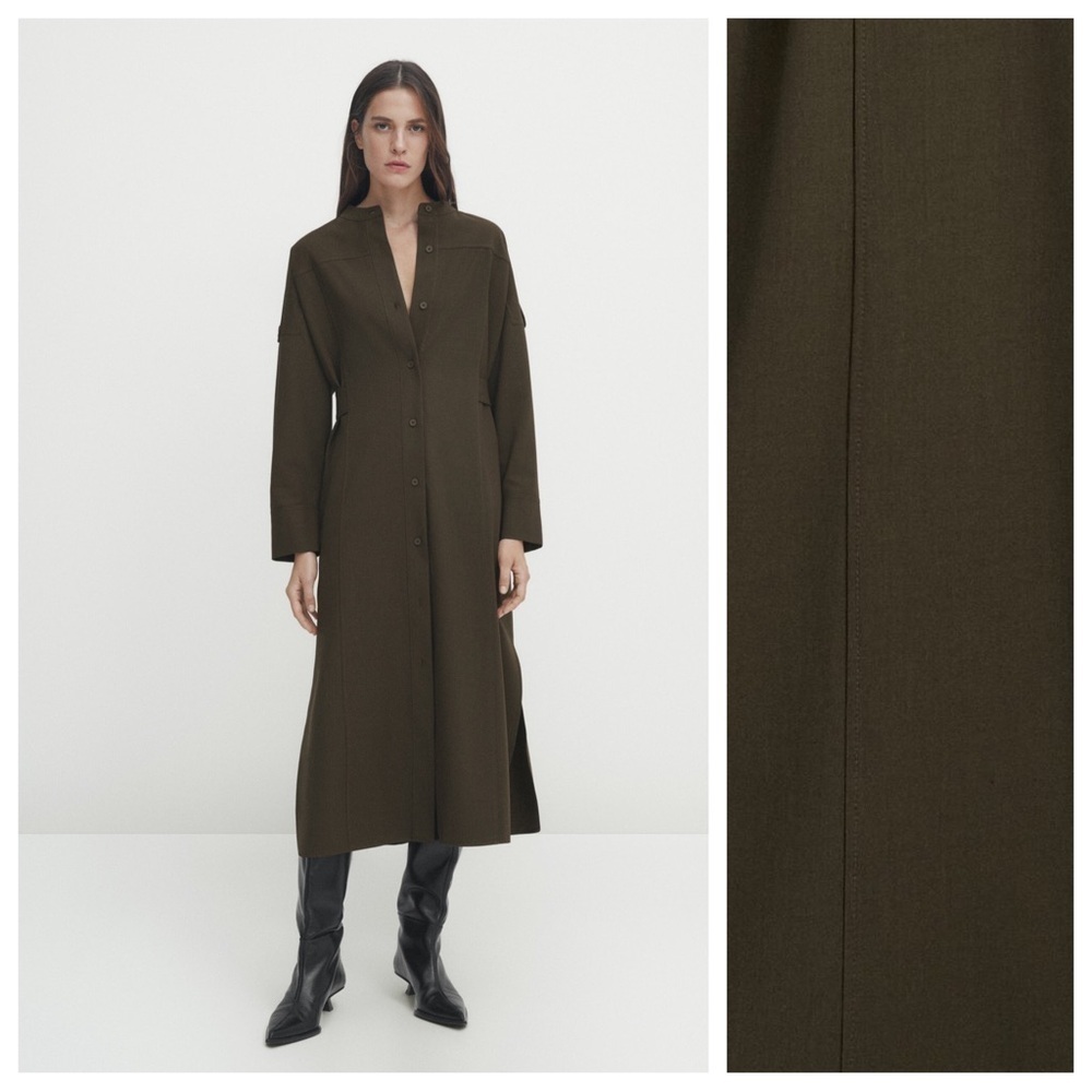 NWT. Massimo Dutti Khaki Wool Blend Shirt Dress With Shoulder Details. Size S.